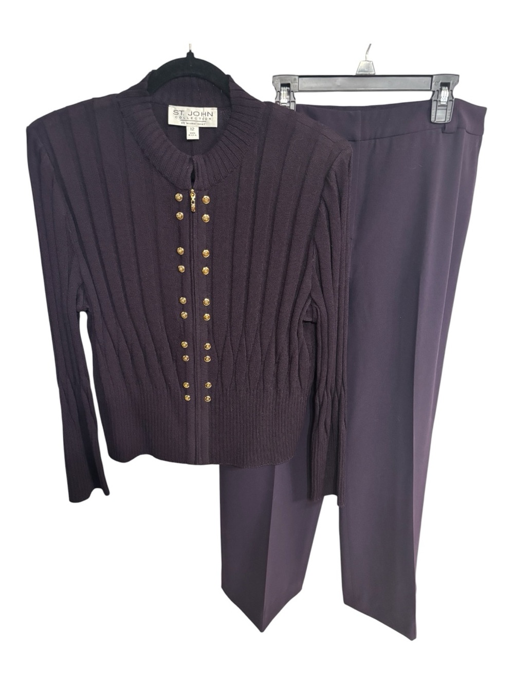 NWOT St John 2 pc Purple Ribbed Knit Jacket & Pants Set - Gold Buttons 12/14